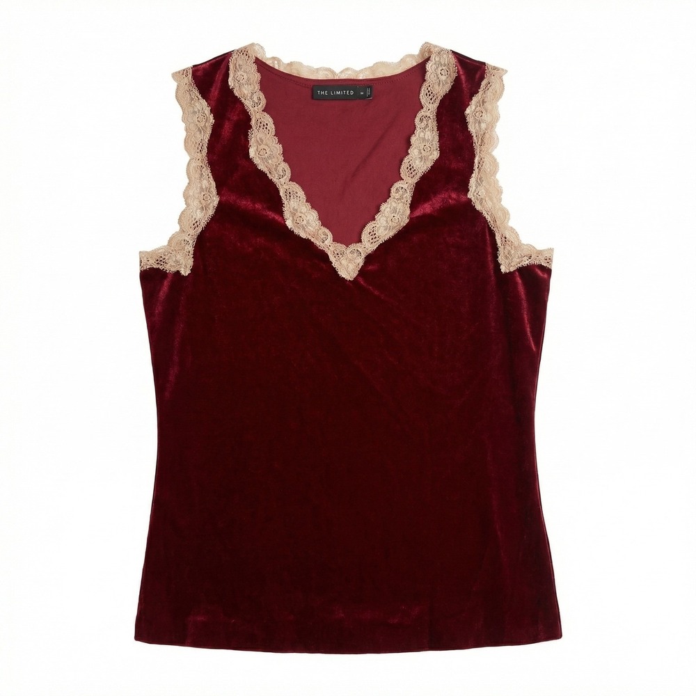 The Limited Womens Burgundy Velvet Lace Trim V-Neck Tank Top Camisole Size M